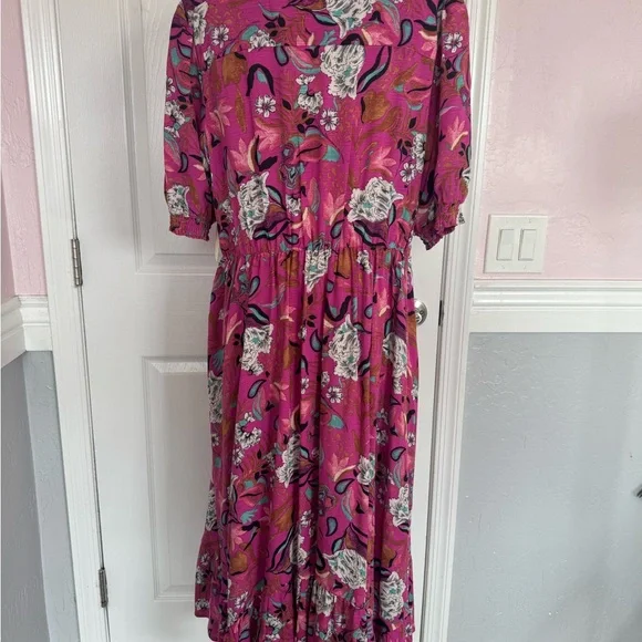 Nurture‎ Westbound Floral Midi Dress Boho Chic Pink Tiered V Neck Size XL rayon - Picture 4 of 14